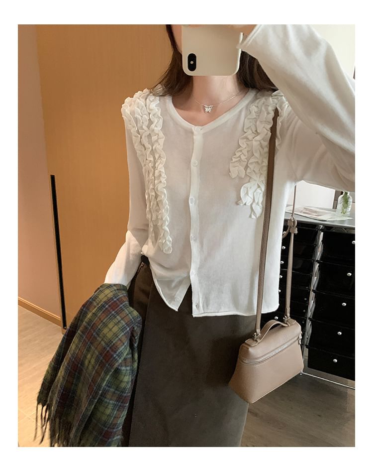 Button-Up Knit Top with Frill Trim and Long Sleeves in Solid Color