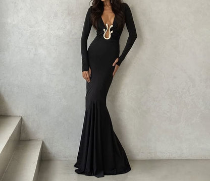 Long Sleeve V-Neck Plain Maxi Sheath Dress