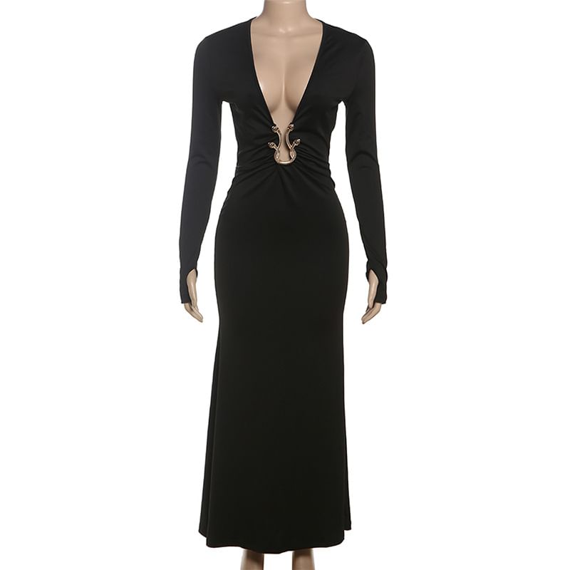 Long Sleeve V-Neck Plain Maxi Sheath Dress