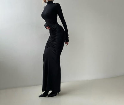 Long-Sleeve Mock Neck Plain Ruched Maxi Bodycon Dress