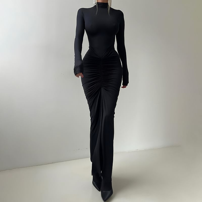 Long-Sleeve Mock Neck Plain Ruched Maxi Bodycon Dress