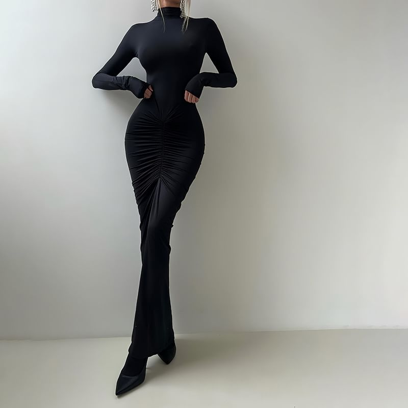 Long-Sleeve Mock Neck Plain Ruched Maxi Bodycon Dress