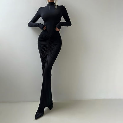 Long-Sleeve Mock Neck Plain Ruched Maxi Bodycon Dress