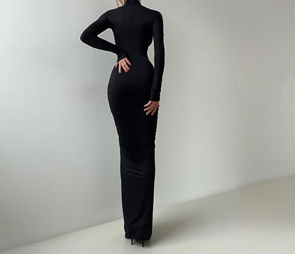 Long-Sleeve Mock Neck Plain Ruched Maxi Bodycon Dress