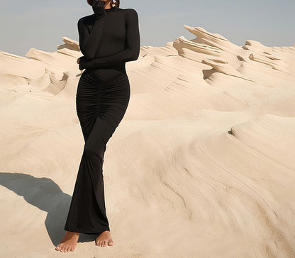 Long-Sleeve Mock Neck Plain Ruched Maxi Bodycon Dress