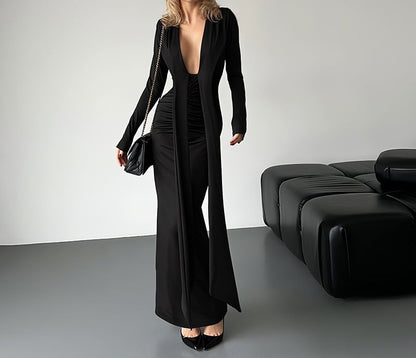 Long-Sleeve V-Neck Plain Ruched Maxi Sheath Dress