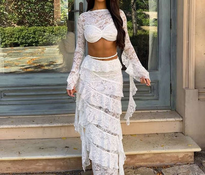Lace Crop Top with Midi Pencil Skirt Set