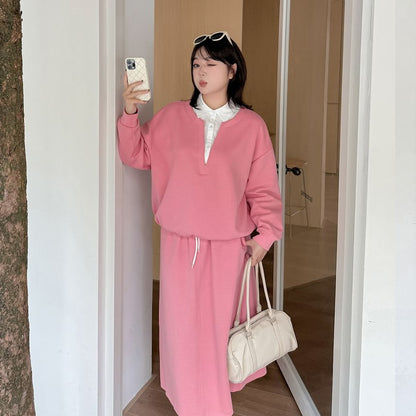Two-Tone Collared Sweatshirt with Midi A-Line Skirt Set