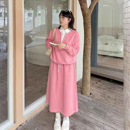 Two-Tone Collared Sweatshirt with Midi A-Line Skirt Set