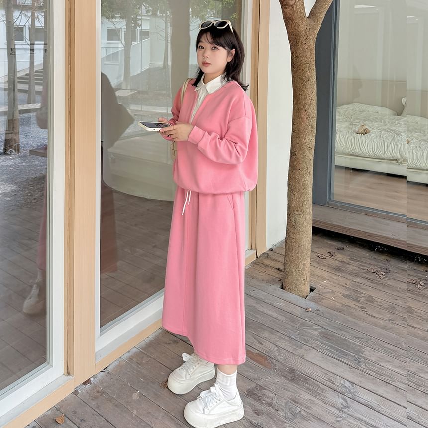 Two-Tone Collared Sweatshirt with Midi A-Line Skirt Set