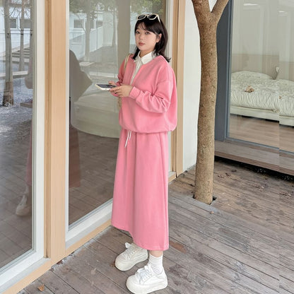 Two-Tone Collared Sweatshirt with Midi A-Line Skirt Set
