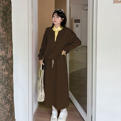 Two-Tone Collared Sweatshirt with Midi A-Line Skirt Set