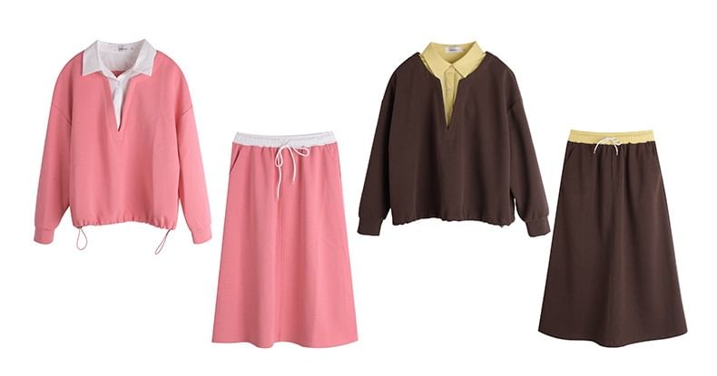 Two-Tone Collared Sweatshirt with Midi A-Line Skirt Set