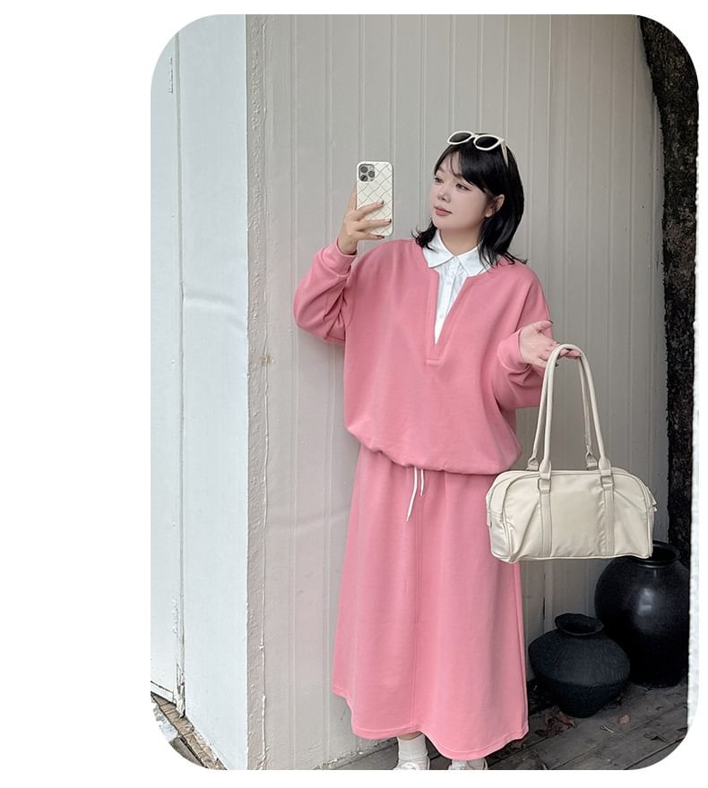 Two-Tone Collared Sweatshirt with Midi A-Line Skirt Set