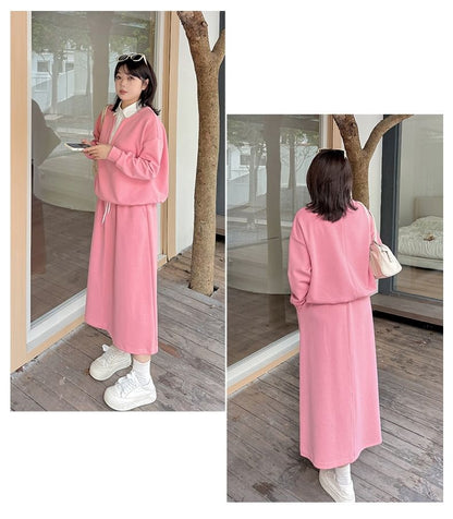 Two-Tone Collared Sweatshirt with Midi A-Line Skirt Set