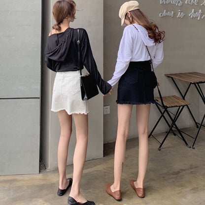 High Rise Frayed Denim Mini Pencil Skirt
