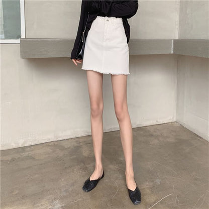 High Rise Frayed Denim Mini Pencil Skirt