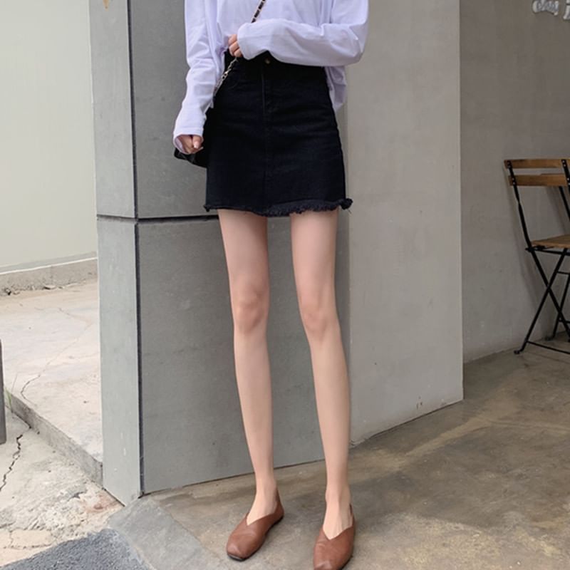 High Rise Frayed Denim Mini Pencil Skirt