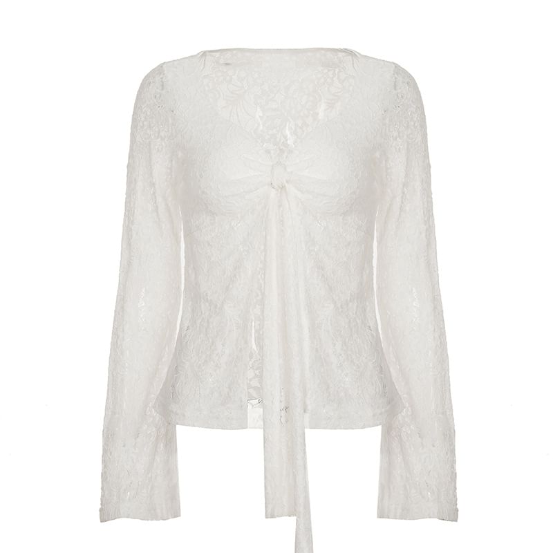 Long Sleeve Sweetheart Neckline Plain Lace See-Through Light Cardigan