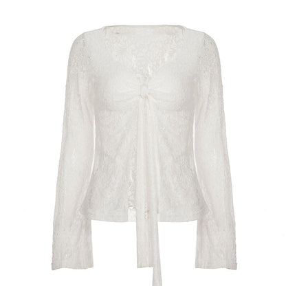 Long Sleeve Sweetheart Neckline Plain Lace See-Through Light Cardigan