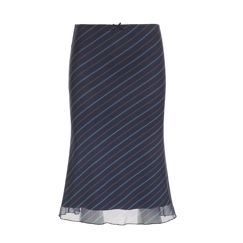 Striped Mesh Midi A-Line Skirt - Mid Waist