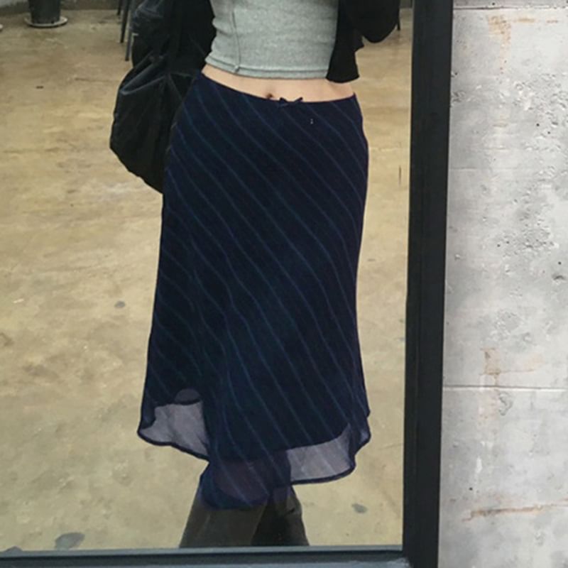 Striped Mesh Midi A-Line Skirt - Mid Waist