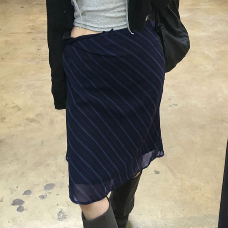 Striped Mesh Midi A-Line Skirt - Mid Waist