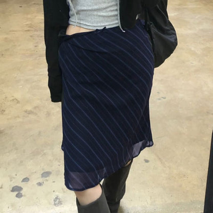 Striped Mesh Midi A-Line Skirt - Mid Waist