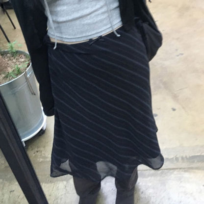 Striped Mesh Midi A-Line Skirt - Mid Waist