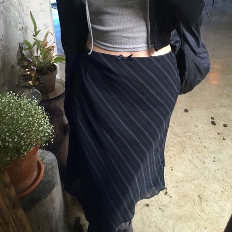 Striped Mesh Midi A-Line Skirt - Mid Waist