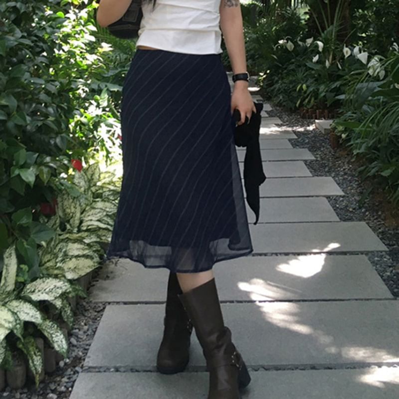 Striped Mesh Midi A-Line Skirt - Mid Waist
