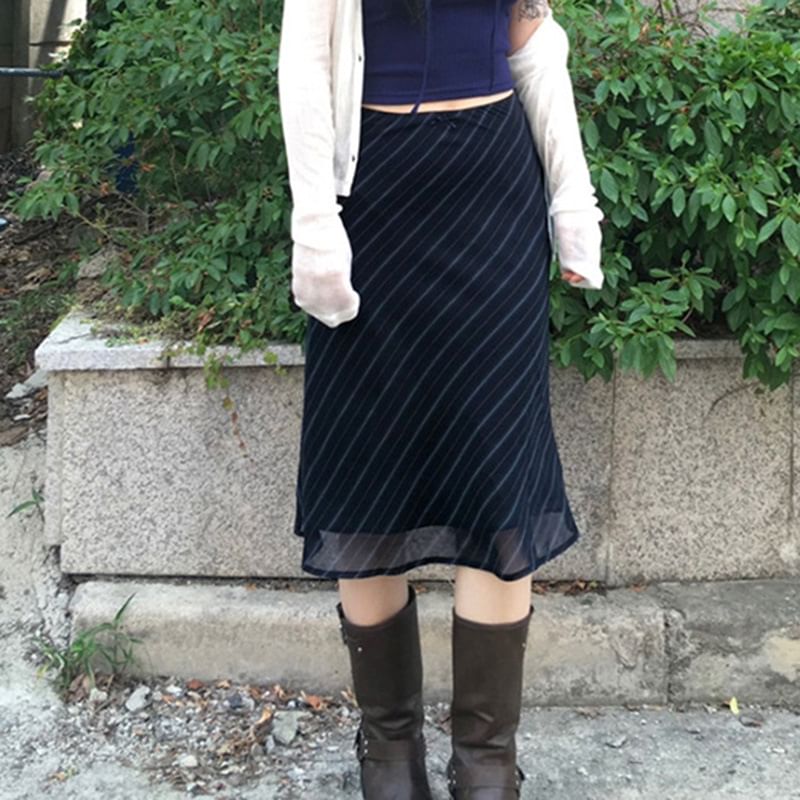 Striped Mesh Midi A-Line Skirt - Mid Waist