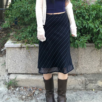 Striped Mesh Midi A-Line Skirt - Mid Waist