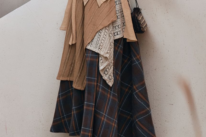V-Neck Ruffle Top & Plaid A-Line Maxi Skirt Set