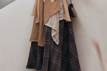 V-Neck Ruffle Top & Plaid A-Line Maxi Skirt Set