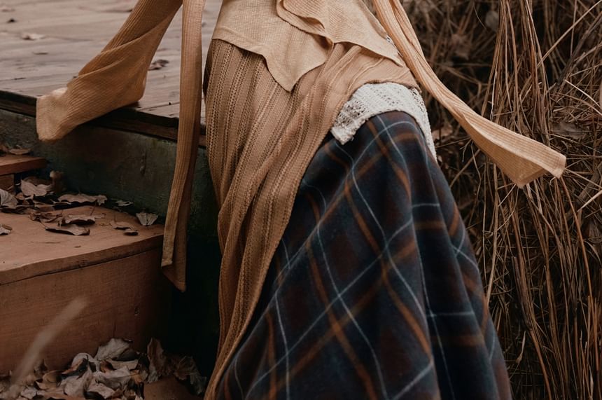 V-Neck Ruffle Top & Plaid A-Line Maxi Skirt Set