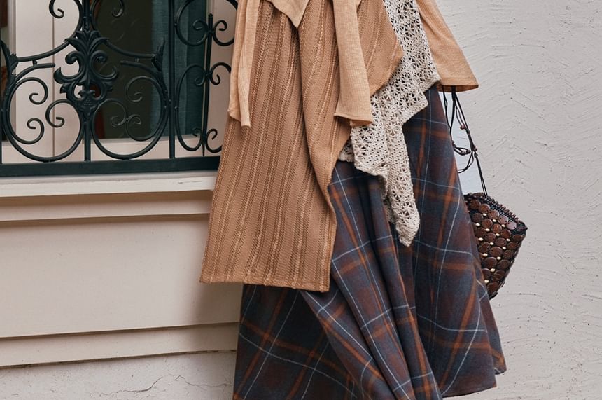 V-Neck Ruffle Top & Plaid A-Line Maxi Skirt Set