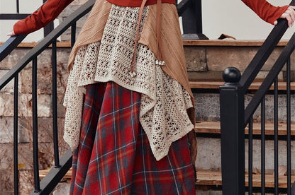 Halter Neck Top, Belt & Plaid A-Line Maxi Skirt Set