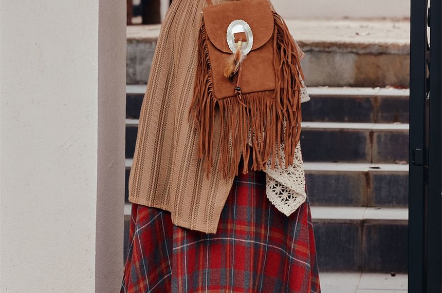 Halter Neck Top, Belt & Plaid A-Line Maxi Skirt Set