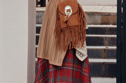 Halter Neck Top, Belt & Plaid A-Line Maxi Skirt Set