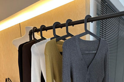 Slim-Fit Ribbed Knit Top with Long Sleeves and V-Neck Plain Design