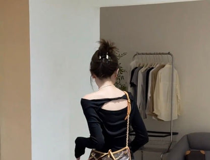 Long-Sleeve Off-Shoulder T-Shirt with Plain Cutout Back Design
