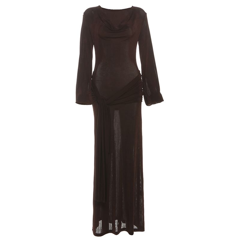Puff Sleeve V-Neck Plain Tie-Waist Maxi Dress