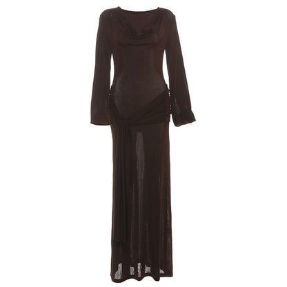 Puff Sleeve V-Neck Plain Tie-Waist Maxi Dress