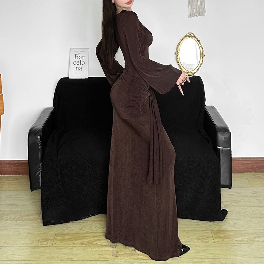 Puff Sleeve V-Neck Plain Tie-Waist Maxi Dress