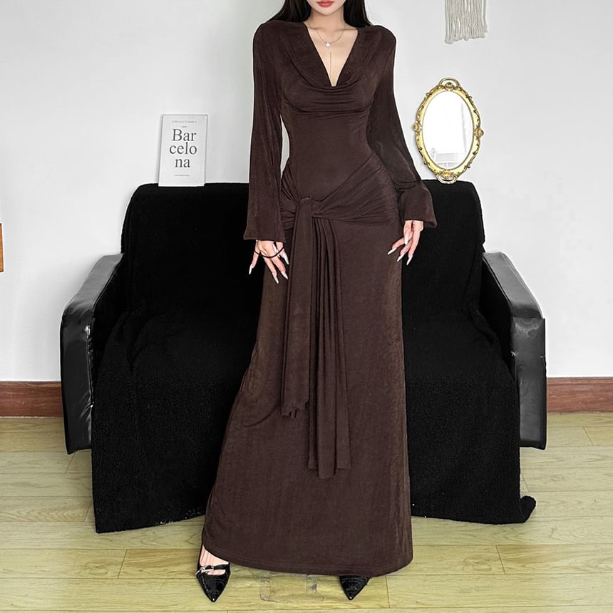 Puff Sleeve V-Neck Plain Tie-Waist Maxi Dress