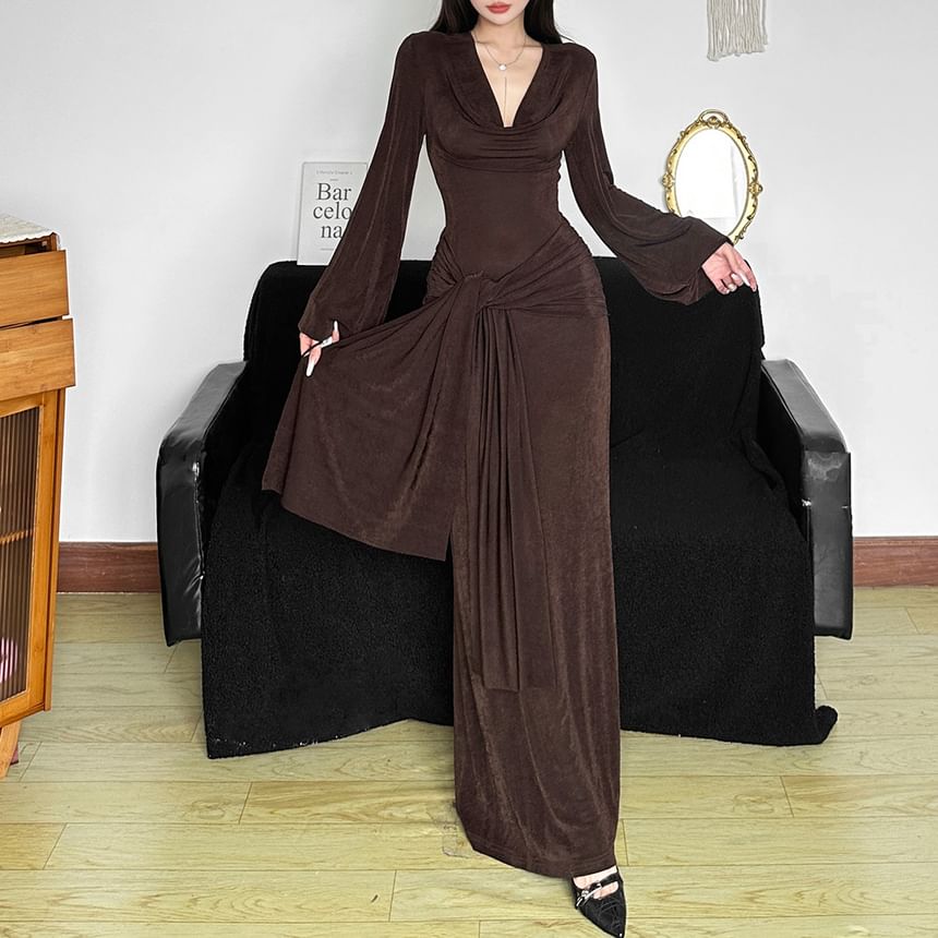 Puff Sleeve V-Neck Plain Tie-Waist Maxi Dress