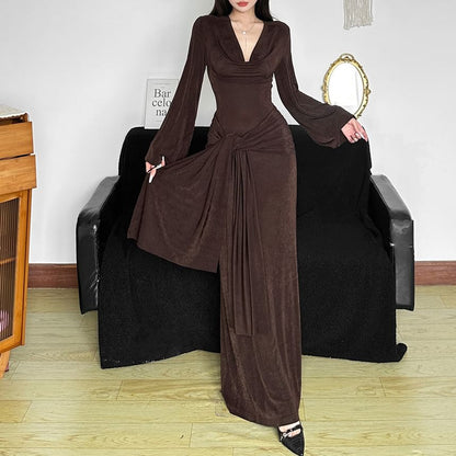 Puff Sleeve V-Neck Plain Tie-Waist Maxi Dress