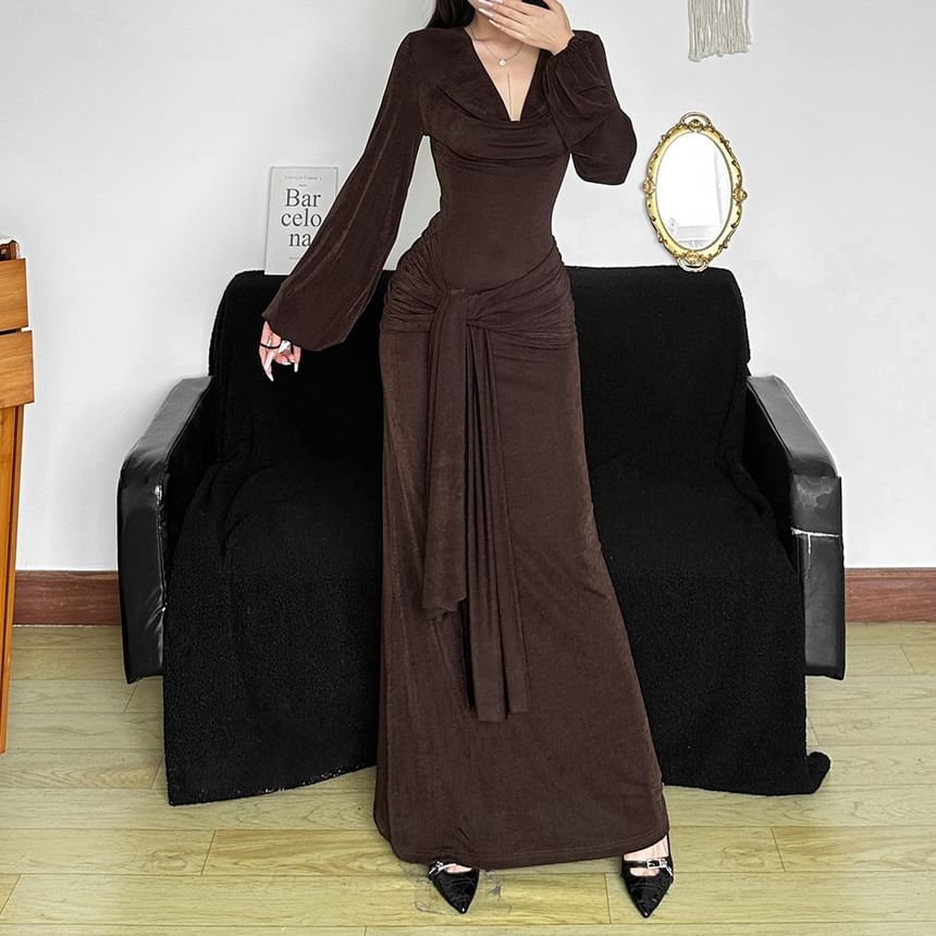 Puff Sleeve V-Neck Plain Tie-Waist Maxi Dress