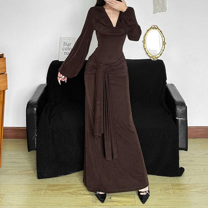 Puff Sleeve V-Neck Plain Tie-Waist Maxi Dress